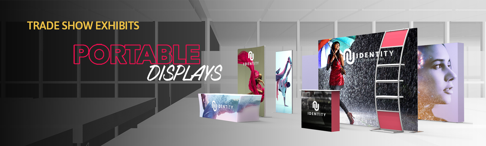 Portable Displays - trade show exhibits banner showing banner stands, fabric backwalls, light boxes, and counter displays by Nimlok Chicago