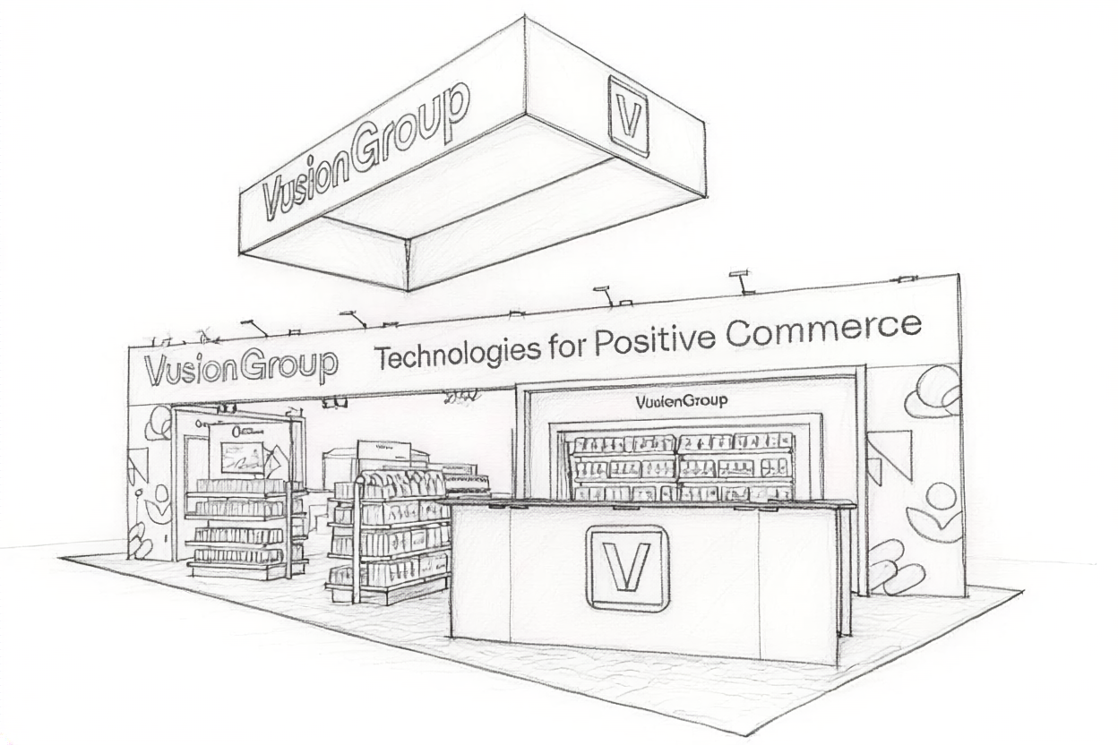 Line drawing of Vusion Group custom modular island exhibit at the Grocery Shop trade show